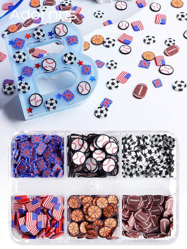1盒运动球类粘土片，适用于DIY环氧树脂模具填充，足球、篮球、美国国旗图案，聚合物薄片，DIY钥匙扣工艺品制作