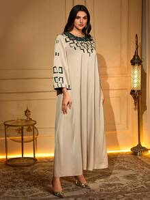 Solessence Women's Round Neck Contrast Color Open Back Long Sleeve Embroidered Beaded Elegant Dress Spring - Apricot - View 7