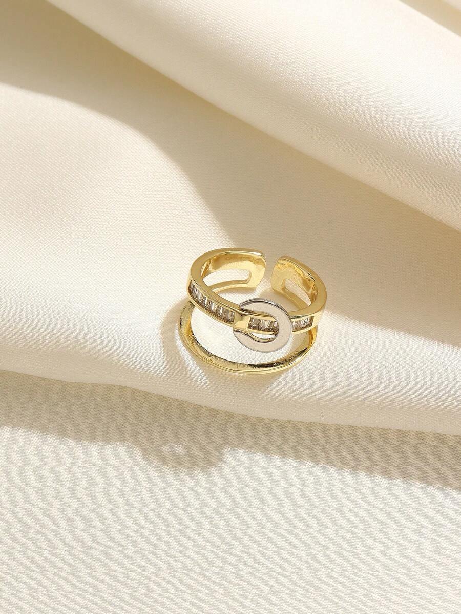 1pc Copper Alloy Zirconia Inlaid Bicolor Double Layer Rotatable Open Ring, Lively Button Design Suitable For Daily Wear And Holiday Gifts - Multicolor - View 1