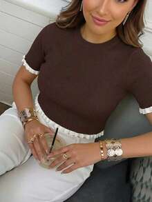Women's Elegant Holiday/Graduation Knit Top, Casual Short Sleeve Cream Yellow Ruffle Hem Knit Pullover Sweater, Summer - Brown - View 3