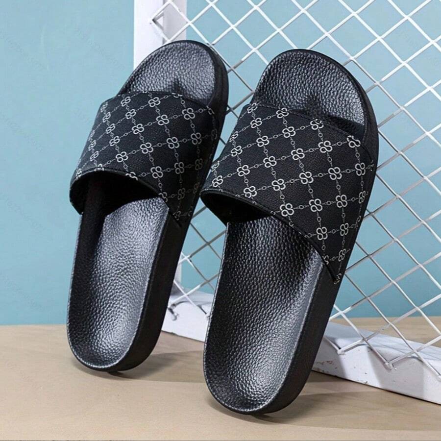 1 Pair Men's Chain Print Casual Beach Slippers, EVA Material, PU Upper, Non-Slip Sole, Suitable For Beach, Vacation, Spring/Summer - Black - View 1