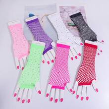 Women's Long Rhinestone Mesh Gloves, Shiny Party Club Accessory - White - View 5