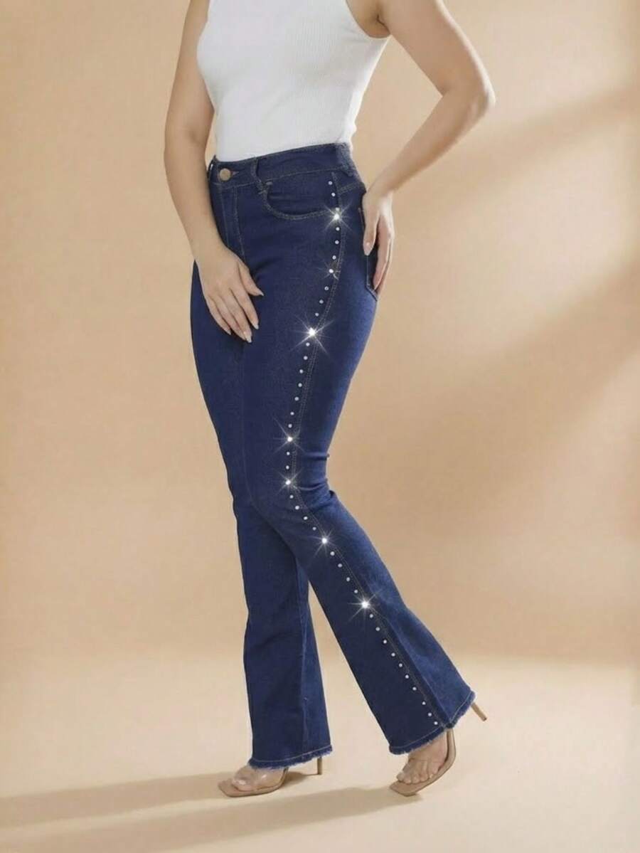 pthirillo Women's Dark Blue Flare Jeans With Butt-Lifting, High Waist, And Rhinestone Detail - Premium Rhinestone Jeans - Side Rhinestones - View 1