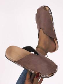 Nuevas sandalias casuales y cómodas, resistentes al desgaste y antideslizantes para uso diario, vacaciones y talla grande, con costura de unicolor y diseño slip-on para mujeres - Marrón claro - Ver 6