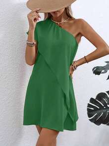 Lightweight Polyester Asymmetric Off-Shoulder Dress - Women's Fitted Style, Casual - Green - View 2