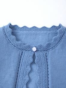Cardigan tricoté de couleur unie avec motif floral ajouré élégant pour filles, convient pour toutes les saisons ou comme cadeau pour l'Aïd al-Adha - Bleu lagon - Voir 3