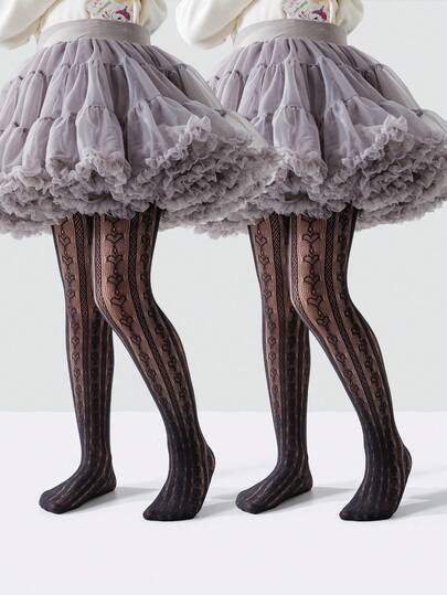 1 Pair Baby Girls' Princess Black Heart Hollow Mesh Breathable Comfortable Tights, Classic Minimalist Mesh Sheer Lightweight Comfortable Tights, Fashionable Soft Skin-Friendly High Elasticity Leggings, Suitable For Daily Wear, Stage Performance, Party