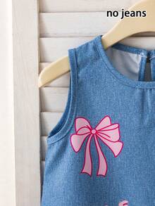 [Non-Denim] Young Girls' Summer Sleeveless Denim-Like Dress, Loose Fit With Cute Printed Pattern, Fashionable, Sweet And Lovely, Suitable For Outings, Birthday Parties, And Gatherings - Blue and White - View 6