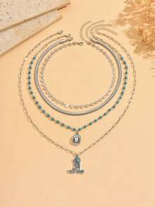 4件套复古西部牛仔风格叠戴项链套装，独特个性化帽子、靴子配饰装饰颈链，适合日常佩戴和派对/音乐节场合，链长可调节 - 銀色 - 查看 2