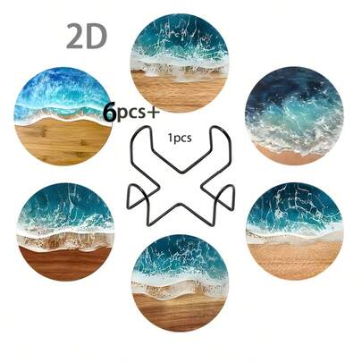 6件套木质杯垫套装，带支架，海洋蓝主题，耐热防滑，适用于家庭、办公室、主题派对，也是复活节、情人节、婚礼、母亲节的礼物佳选，厨房和餐桌配件。