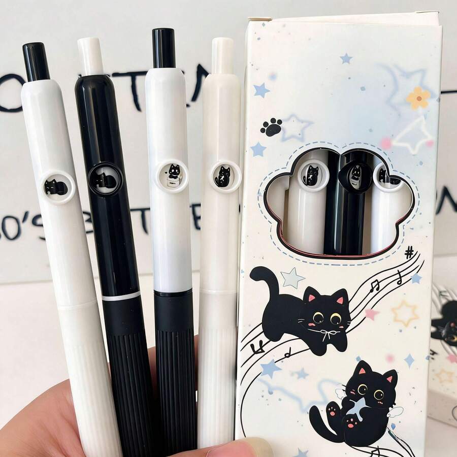 4支装可爱动物黑猫中性笔 – 减压设计，速干0.5mm黑色墨水，书写超顺滑，适合学生考试和日常学习使用 - 煤炭球小貓 - 查看 1