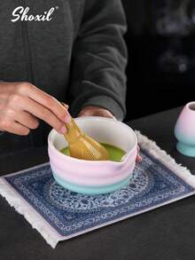 shoxil 一套渐变粉蓝抹茶茶道用具——包含传统日式抹茶碗（茶筅）、竹制抹茶筅及底座、竹制茶勺及勺柄、不锈钢茶叶滤网、抹茶杯及杯垫。这套用具完美融合了传统工具与时尚渐变设计，是制作正宗日式抹茶的理想之选。 - 抹茶碗套裝 - 查看 8