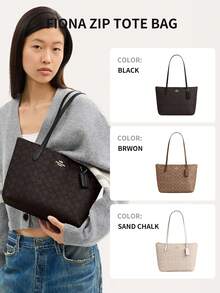 City Tote Bag In Signature Canvas Shoulder Tote Bags For Women COACH Classic Leather Printed Tote Bag Casual Bag For Daily,Shopping,Business,Travel And School,Mother's Day Leather Tote For Mom,CBT18 - 黑色1 - 查看 3