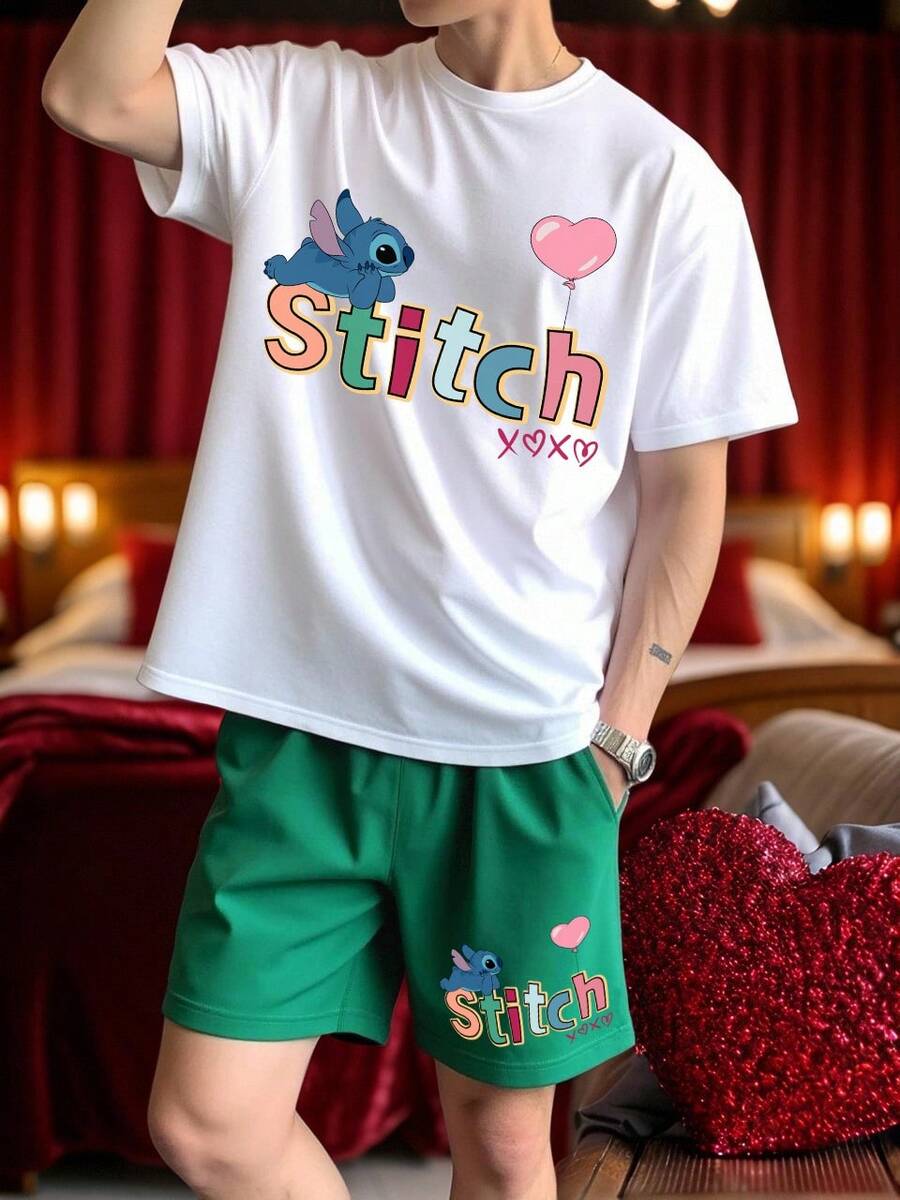 Disney 男士休闲家居服两件套，包括圆领上衣和短裤，适合春夏穿着。 - 綠色 - 查看 1