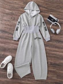 Girls' Stylish Letter Print Jumpsuit, Casual & Elegant Outdoor Fashion Design, Spring/Autumn - Grey - View 5