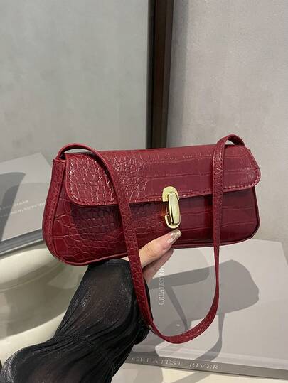 2026新款时尚鳄鱼纹拼接简约大容量单肩斜挎腋下法棍包