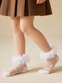 1 Pair Cotton Girls' Large Floral Lace Dance Socks, Elegant Princess Style Short Socks For Party Outfit - White - View 7