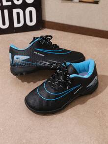 1 Pair Kids' Sports Shoes, Blue & Black Color Block, Lace-Up, Round Toe, All Season Soccer Shoes, Suitable For School Sports And Daily Wear - Blue - View 3