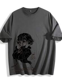 Anime Retro Cotton Washed Cotton T-Shirt - Loose Retro Geometric Pattern Art Round Neck Casual Street Style, Machine Washable Anime T-Shirt  Halloween    Summer    None - Màu đen bẩn - Xem 1