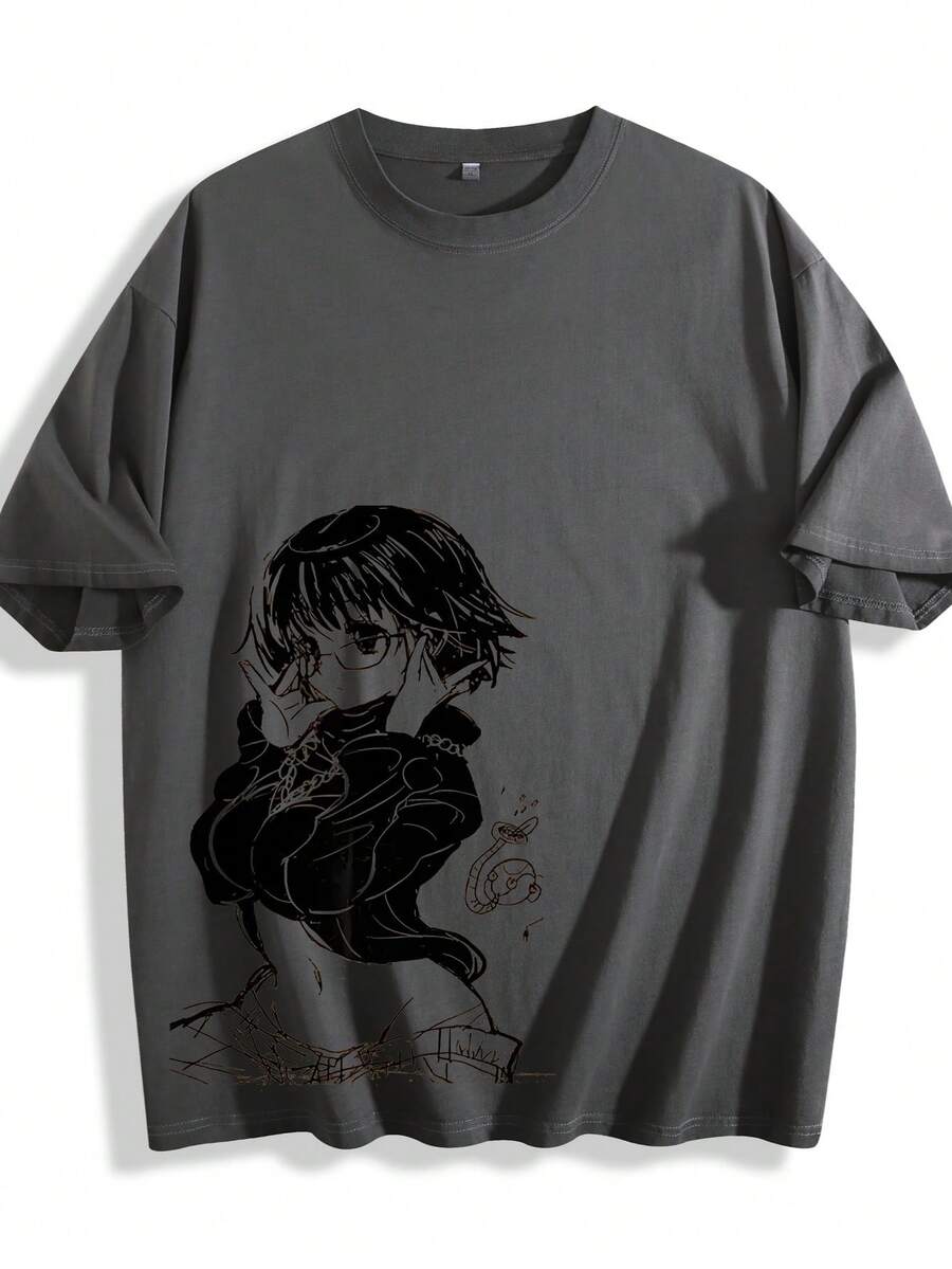 Anime Retro Cotton Washed Cotton T-Shirt - Loose Retro Geometric Pattern Art Round Neck Casual Street Style, Machine Washable Anime T-Shirt  Halloween    Summer    None - Màu đen bẩn - Xem 1