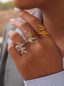 3pcs/1pc Vintage Fashion 18K Gold Plated Women's Stainless Steel Ring, Fashion Leaf Shape Personalized, Suitable For Daily Wear, Gift For Her, Valentine's Day Gift - Multicolor - View 3
