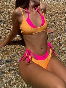 Women's Color Block Bikini Set Halter 2 Piece Swimsuits Side Tie Cheeky Double Layer Bathing Suit High Cut String Swimwear - Orange - View 1
