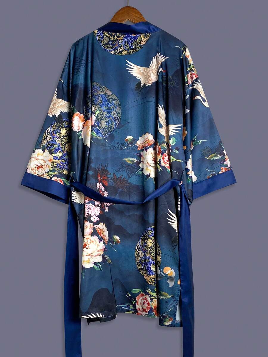 时尚休闲开衩复古印花七分袖和服罩衫,适合旅行、海滩、度假、居家休闲等场合,春季皆宜。 - 寶藍色 - 查看 1