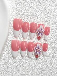 10pcs Minimalist French Style Acrylic Nail Art Kit, Handcrafted Gradient Blue-Purple 5-Petal Flower Nail Decorations, White French Nail Polish, Classic Elegant Style, Ideal Gift For Women & Girls, Includes Nail Tools (1 Jelly Sticker + 1 Nail File), 3 Size Options Nails Handmade Press On Nails - 彩色 - 查看 3