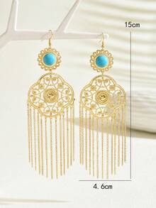 1 Đôi bông tai tua rua kiểu Bohemian bằng đá ngọc lam chạm khắc rỗng, kiểu dáng cổ điển sang trọng dành cho nữ, thích hợp cho tiệc tùng và các dịp lễ hội. - Vàng - Xem 4