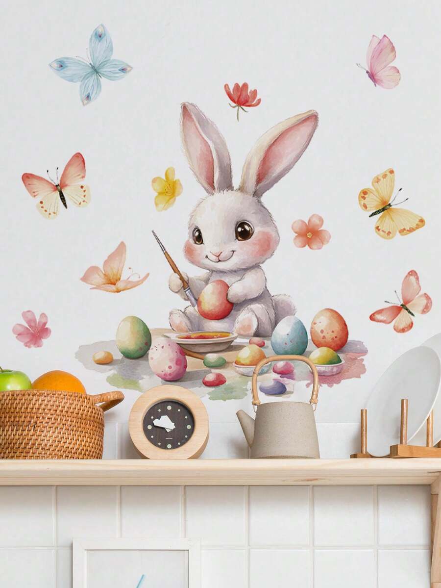 1PC- Wallpaper -Boy Kids Room Easter Bunny Decor Home Self-Adhesive Baby Nursery Decor Girl Decor Wall Stickers For Easter Party Decorations, Girls Bedroom, Easter Eggs Window Stickers – Spring Flowers Cute For Kids Room Decor Bedroom Decor - Multicolor - View 1
