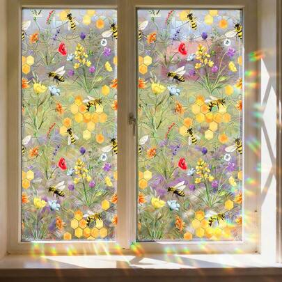 1/5pcs Colorful Wildflower Bee Window Clings No Glue Static Sticker 3D Laser Rainbow Maker Decal Waterproof Privacy Film For Living Room Office Decoration Summer Spring