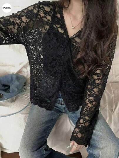 Thin Black V-Neck Long Sleeve Lace Blouse For Women, Loose Design, Sheer, Spring