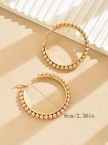 1 Pair Bohemian Style Metal Beaded Hoop Earrings, Geometric Circle Earrings For Women, Elegant Accessory For Holiday, Beach - Gold - View 2