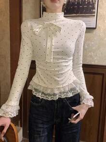 春季韩版优雅蕾丝下摆波点蝴蝶结长袖T恤 - 白色 - 查看 2
