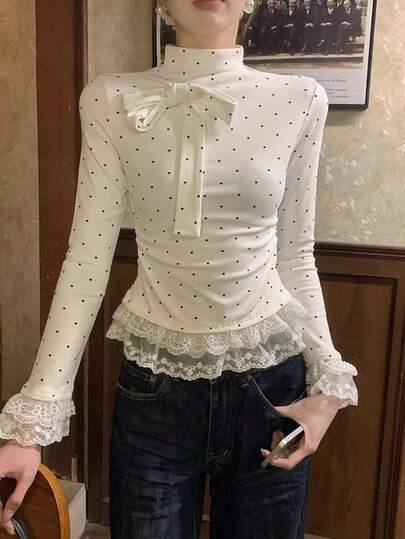 春季韩版优雅蕾丝下摆波点蝴蝶结长袖T恤