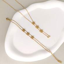 4pcs Stainless Steel Rhinestone Flower Pendant Bracelet Necklace Earrings Jewelry Set, Double Flower Accessories - Yellow Gold - View 3