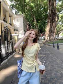 Áo thun ngắn tay buộc dây thiết kế tinh tế, ôm dáng, tôn dáng dành cho nữ, kiểu dáng thường ngày. - Màu vàng - Xem 5