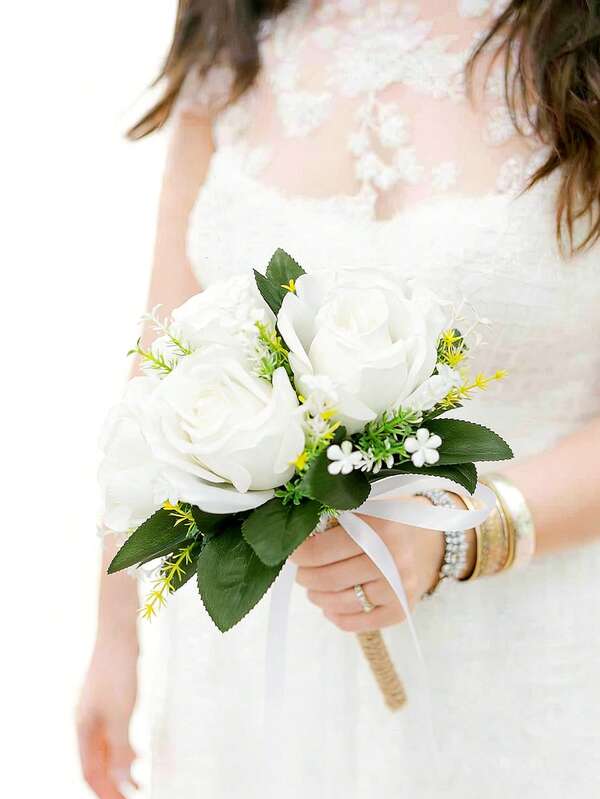White Rose Bouquet For Bridesmaid Country Wedding Tossing Bouquet Artificial Flower Home Decor