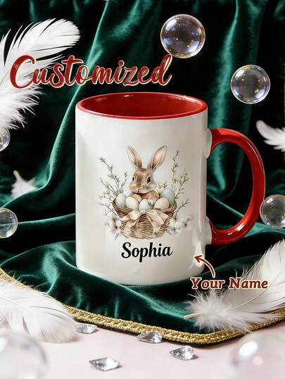 1pc Custom Spring Easter Bunny Name Mug,Personalized Gift Mug, Unique Gift For Special Occasions, Personalized Photo Coffee Mug, Custom Camping Mug, Custom Easter Gift, Personalized Easter Mug, Perfect Gift For Family, Friends Personalized Easter Mug, Custom Coffee Mug