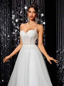 纯色亮片拼接拉链优雅无肩带婚纱 - 白色 - 查看 4