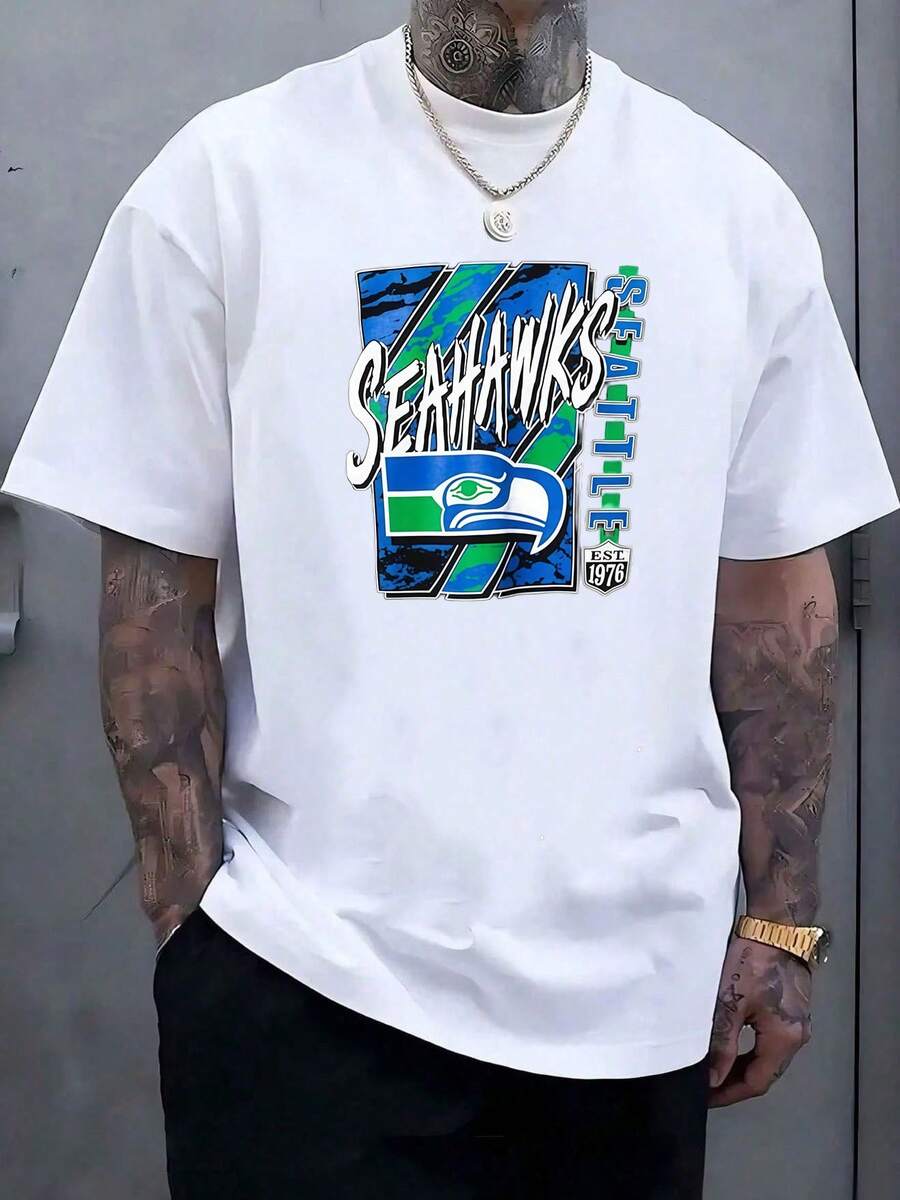 Men's SeattleSeahawks Fan Graphic Tee ,Seahawks Football T-Shirt, Cool Popular, Fashion, Gift For Football Fan, Men'S And Women's Graphic T-Shirt,Casual Sport Attire - Machine Washable, Seahawks Gift For Men - 白色7 - 查看 1