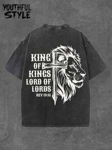 Cotton Men's Washed T-Shirt, Men's Lion Christian Shirt Men King Of Kings Shirt Cross Christian Shirt For Man Faith Tee Religious Dad Tshirt ,Unisex,Suitable For All Seasons, Made Of Cotton, Comfortable And Breathable,Mens Gifts - 黑色 - 查看 3