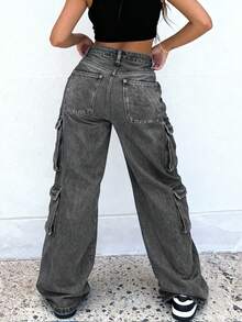 Plus Size Women's Y2K Streetwear Multi-Pocket Straight Leg Cargo Jeans Casual Spring - Light Grey - View 2