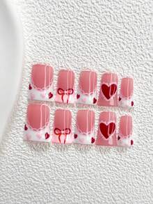 10pcs Charming Blush Style Acrylic Nail Art Set, Includes Handpainted Asymmetrical Heart, Hollow Bowknot, Red Lace Decals, White Nail Polish, Suitable As Nail Art Gift For Women And Girls, Comes With Nail Tools (1 Jelly Sticker + 1 Nail File), 3 Size Options Nails Handmade Press On Nails - Nhiều màu - Xem 15