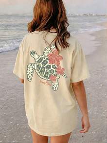 Women's Summer New Simple Slogan Print Casual Vacation Loose Fit Round Neck Short Sleeve T-Shirt, Fashionable Everyday Top, Suitable For Daily And Vacation Wear. Women's T-Shirt Top. - Apricot - View 6