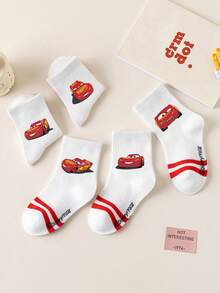 Disney 1/5双装迪士尼汽车卡通图案儿童中筒袜，黑白条纹，可爱迪士尼设计，时尚休闲透气学生袜，适合日常穿着、返校季、节日礼物 - 彩色 - 查看 4