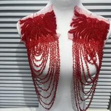 Avoria  Vintage Heavy Embroidery Tassel 3D Crystal Pendant Beaded Wedding Dress Shoulder Patch Holiday Gift - 紅色 - 查看 4