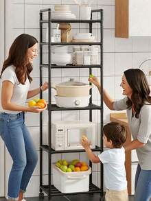 6- 8 Tier Adjustable Kitchen Shelf, Kitchen Organizer Storage, Black Metal Shelf With Hooks, Spice Rack, Kitchenware And Utensil Rack, Home Decor For Kitchen, Pantry, Bathroom, Valentine's Day, Easter Decor. - 黑色6層 - 查看 1