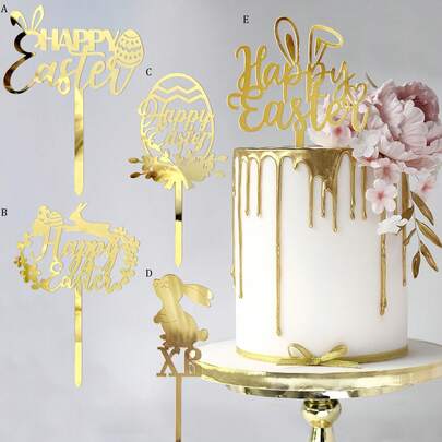 1pc/3pcs/6pcs Gold Easter Cake Decorations, Easter Eggs Rabbits Crosses Cake Toppers, Holiday Party Birthday Cake Decor, Festival Celebration