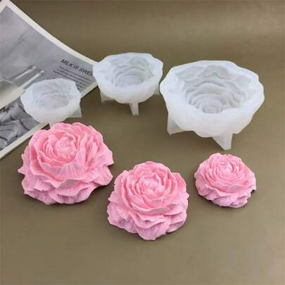 1pc 3D Peony Flower Candle Mold, Plaster Decor Piece, Rose Fondant Baking Silicone Mold